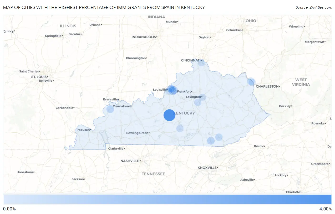 Cities with the Highest Percentage of Immigrants from Spain in Kentucky Map