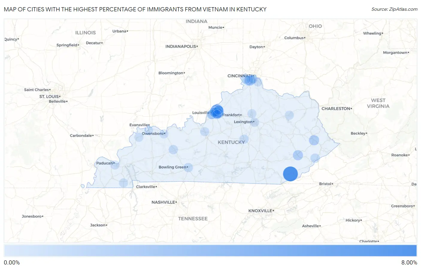 Cities with the Highest Percentage of Immigrants from Vietnam in Kentucky Map