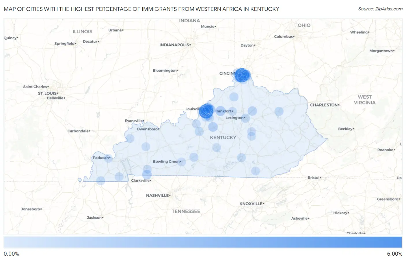 Cities with the Highest Percentage of Immigrants from Western Africa in Kentucky Map