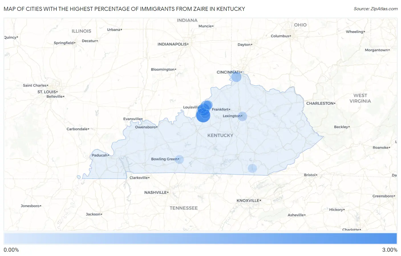 Cities with the Highest Percentage of Immigrants from Zaire in Kentucky Map