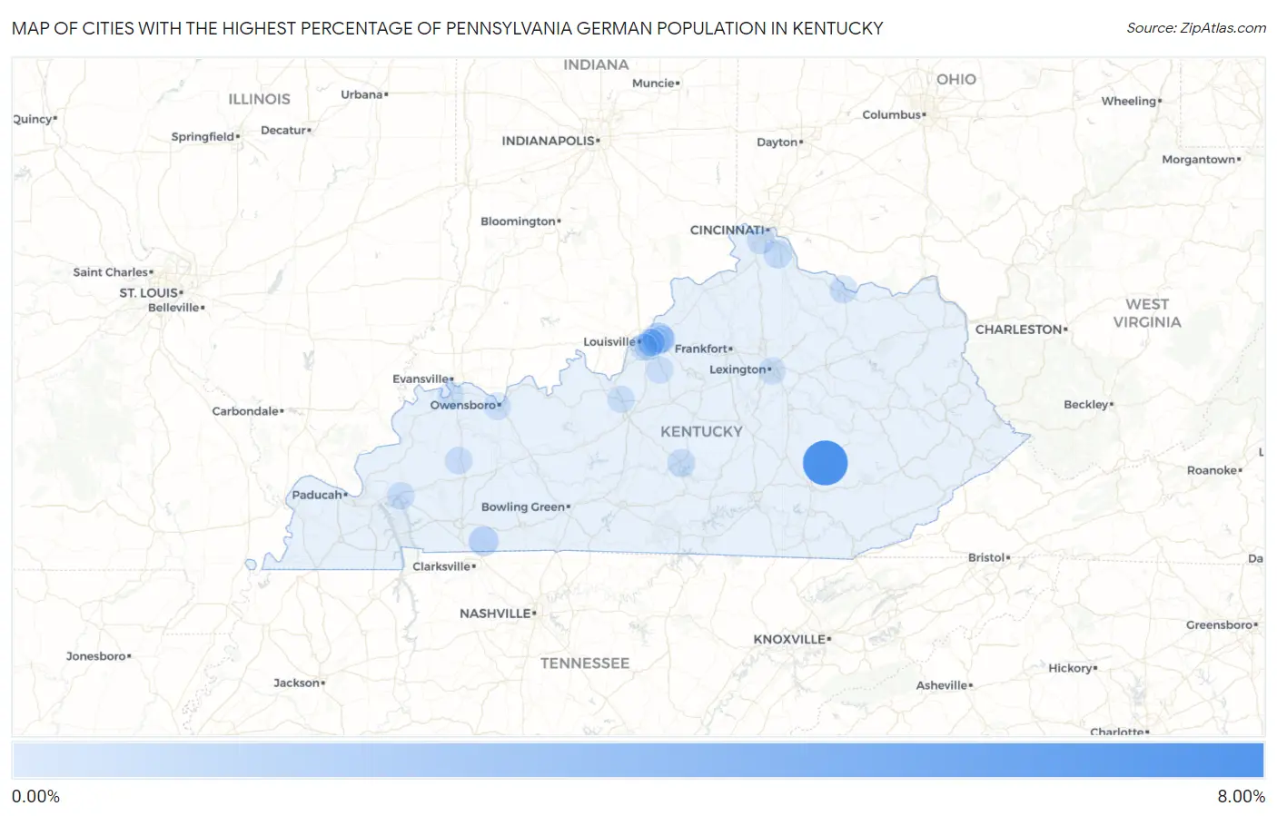 Cities with the Highest Percentage of Pennsylvania German Population in Kentucky Map