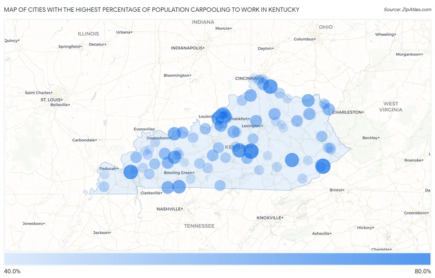Cities with the Highest Percentage of Population Carpooling to Work in Kentucky Map