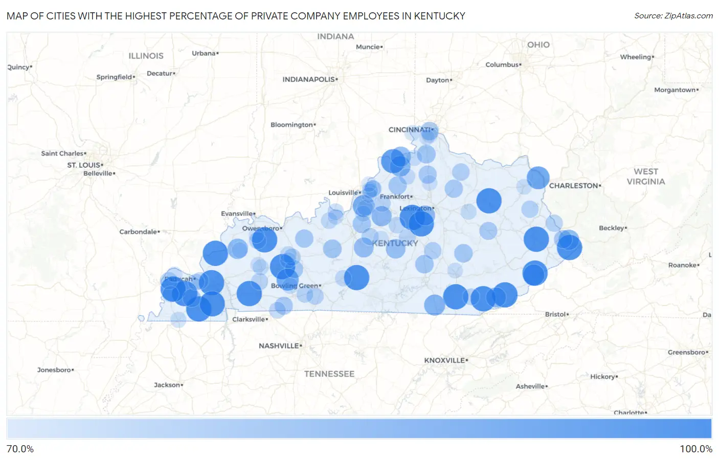 Cities with the Highest Percentage of Private Company Employees in Kentucky Map