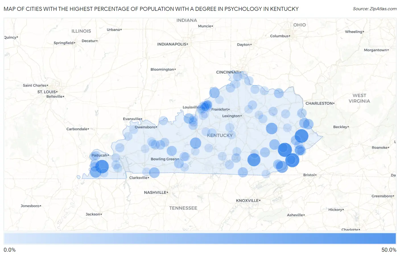 Cities with the Highest Percentage of Population with a Degree in Psychology in Kentucky Map