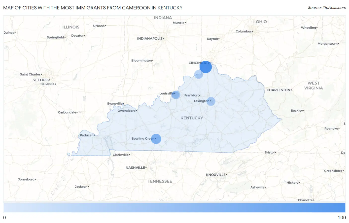 Cities with the Most Immigrants from Cameroon in Kentucky Map