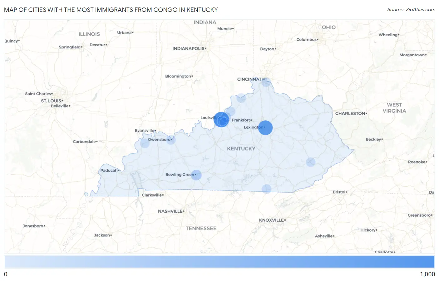 Cities with the Most Immigrants from Congo in Kentucky Map