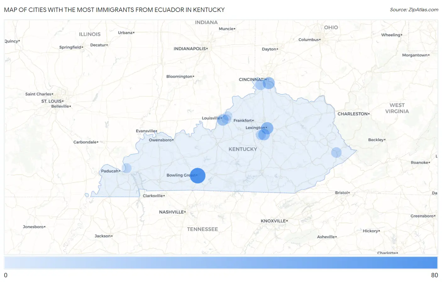 Cities with the Most Immigrants from Ecuador in Kentucky Map
