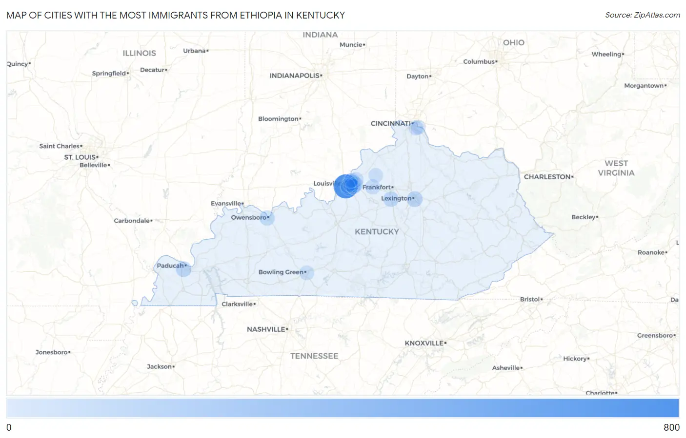 Cities with the Most Immigrants from Ethiopia in Kentucky Map