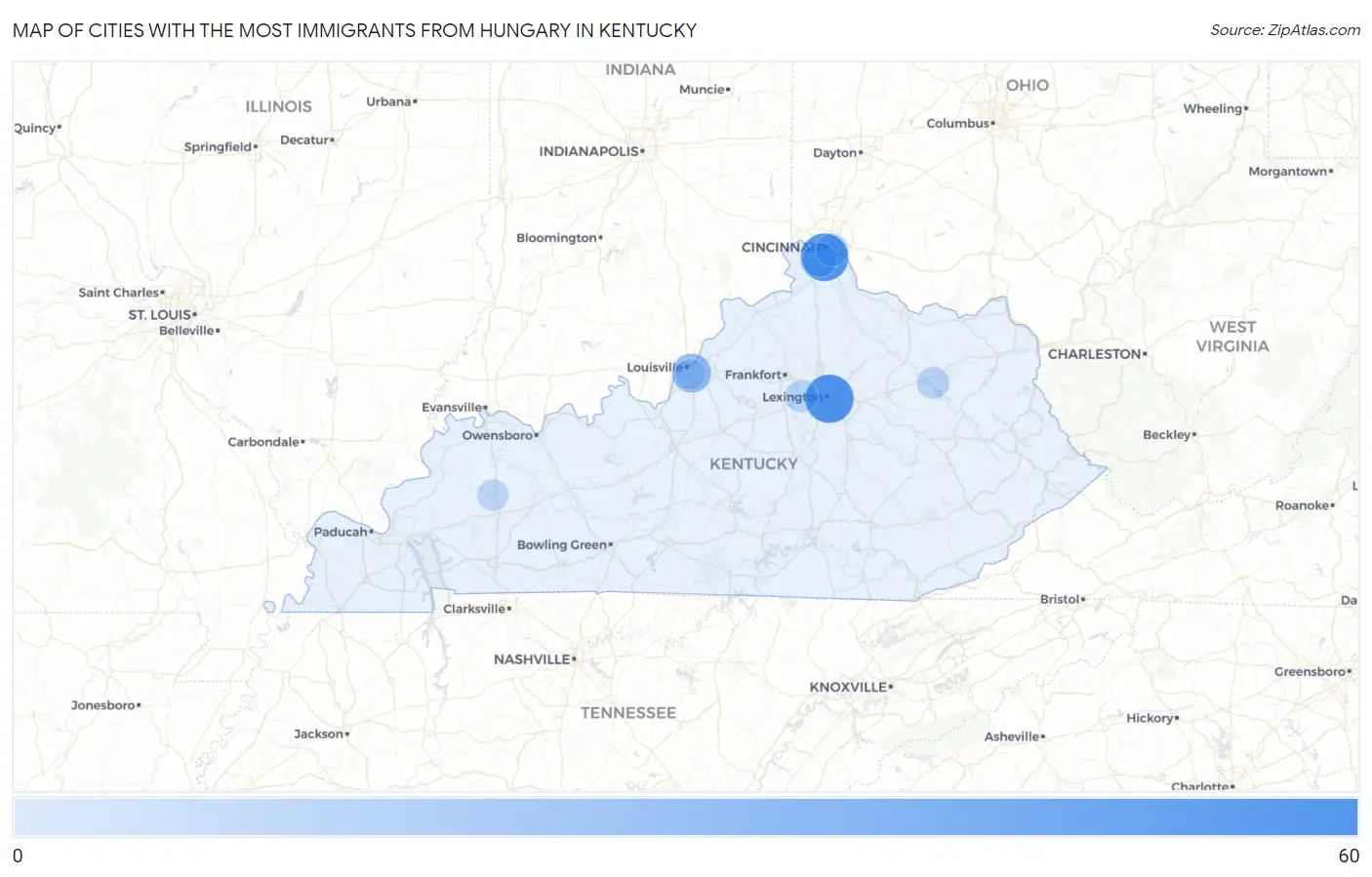 Cities with the Most Immigrants from Hungary in Kentucky Map