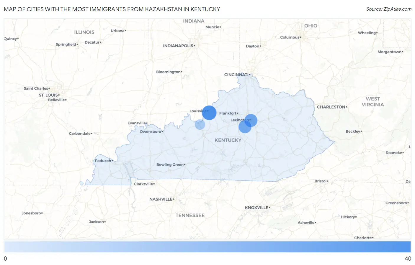 Cities with the Most Immigrants from Kazakhstan in Kentucky Map