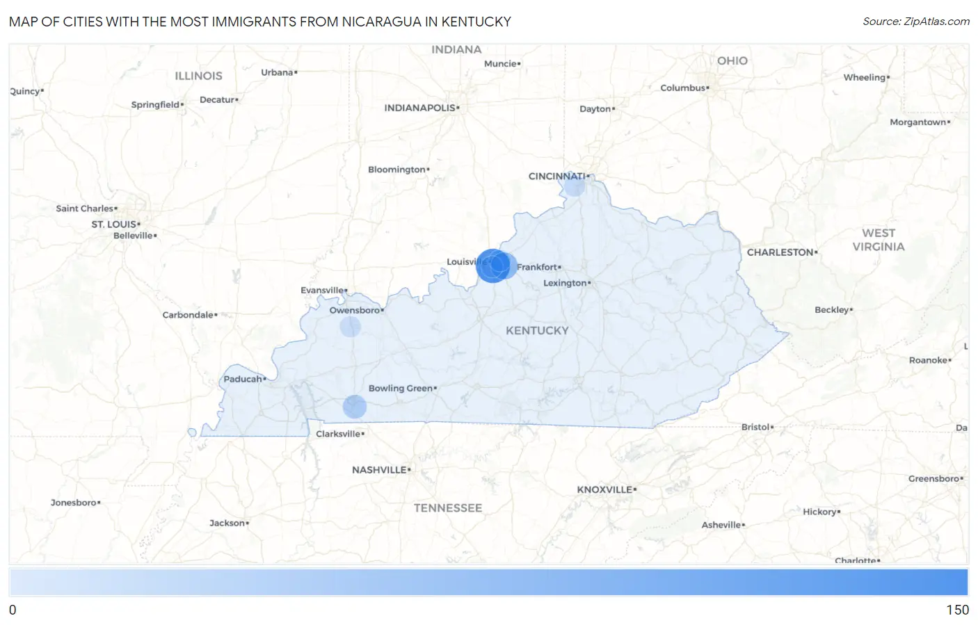 Cities with the Most Immigrants from Nicaragua in Kentucky Map