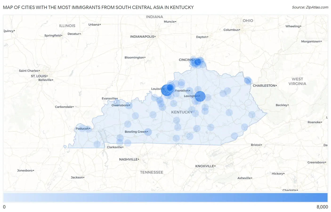 Cities with the Most Immigrants from South Central Asia in Kentucky Map
