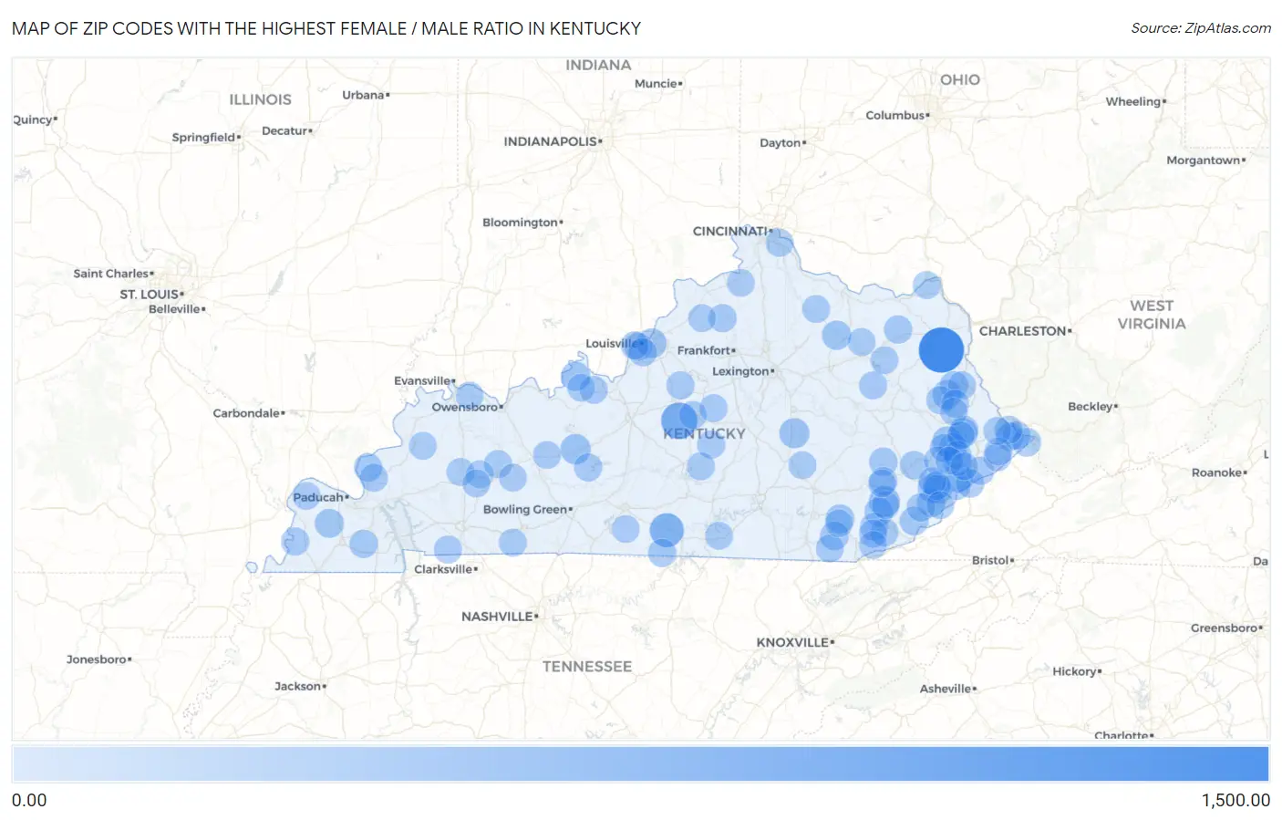 Zip Codes with the Highest Female / Male Ratio in Kentucky Map