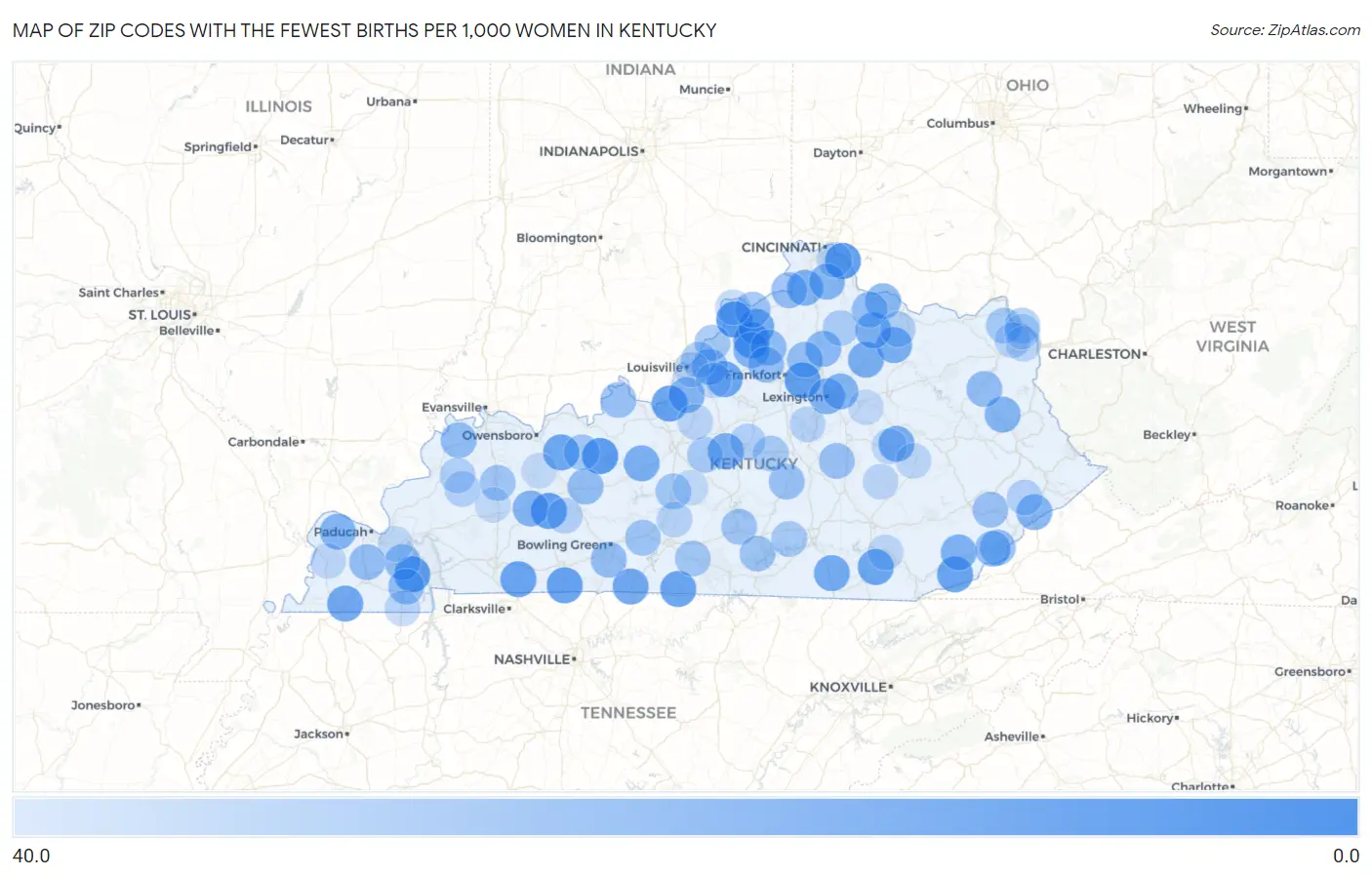 Zip Codes with the Fewest Births per 1,000 Women in Kentucky Map