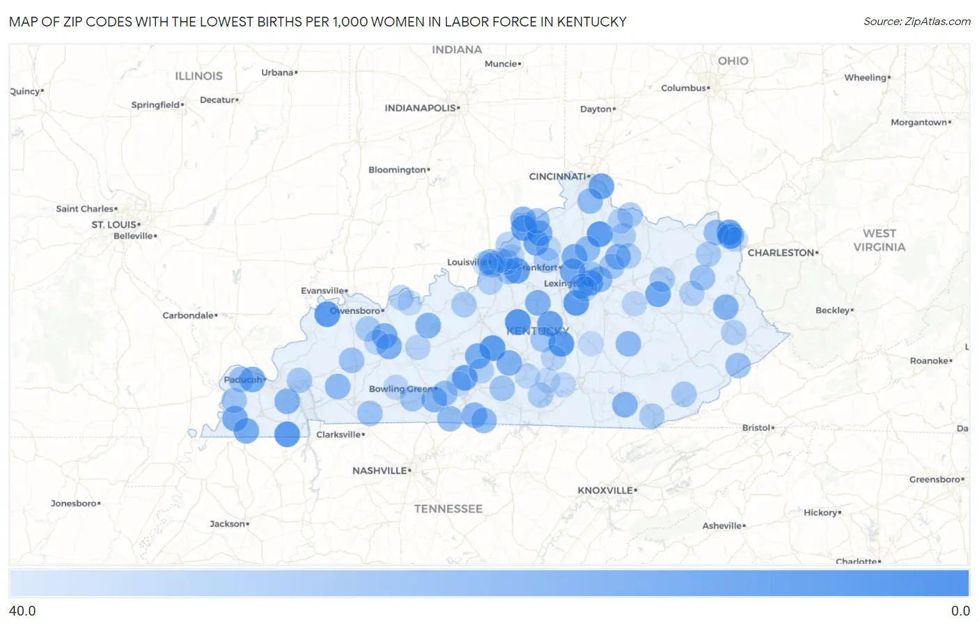 Zip Codes with the Lowest Births per 1,000 Women in Labor Force in Kentucky Map
