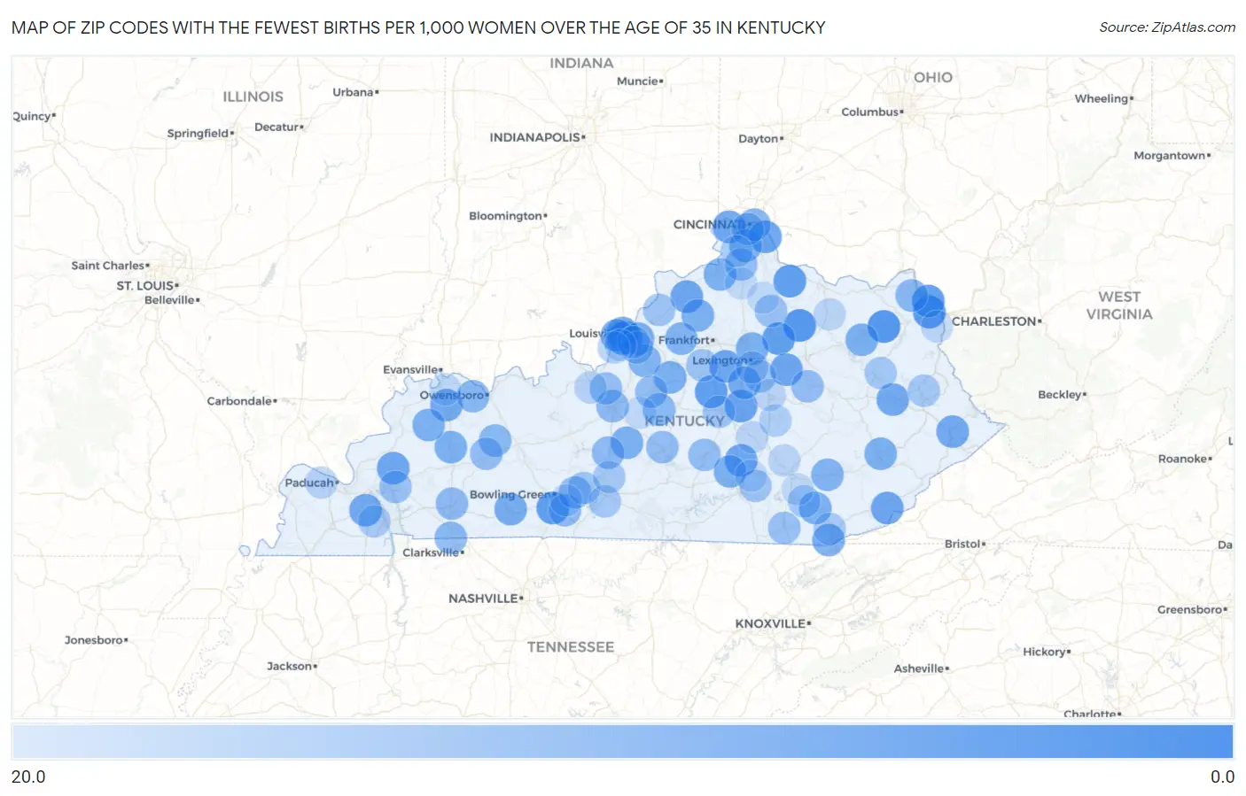 Zip Codes with the Fewest Births per 1,000 Women Over the Age of 35 in Kentucky Map