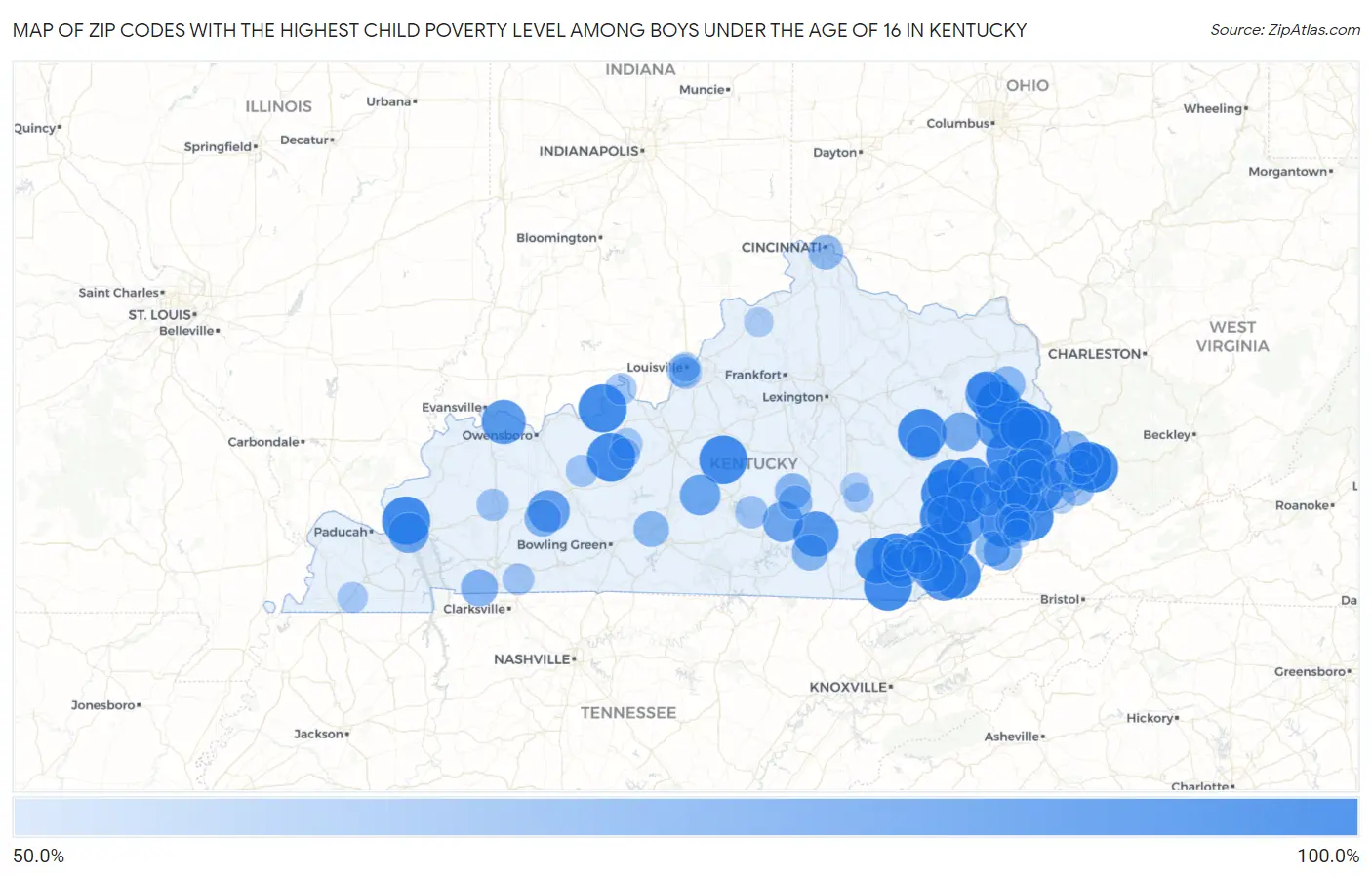 Zip Codes with the Highest Child Poverty Level Among Boys Under the Age of 16 in Kentucky Map