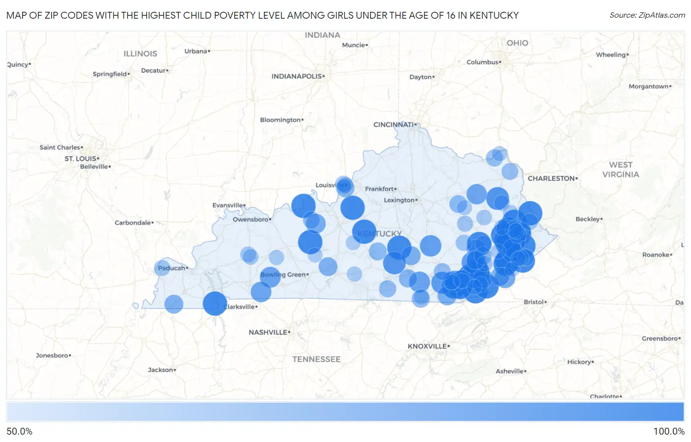 Zip Codes with the Highest Child Poverty Level Among Girls Under the Age of 16 in Kentucky Map