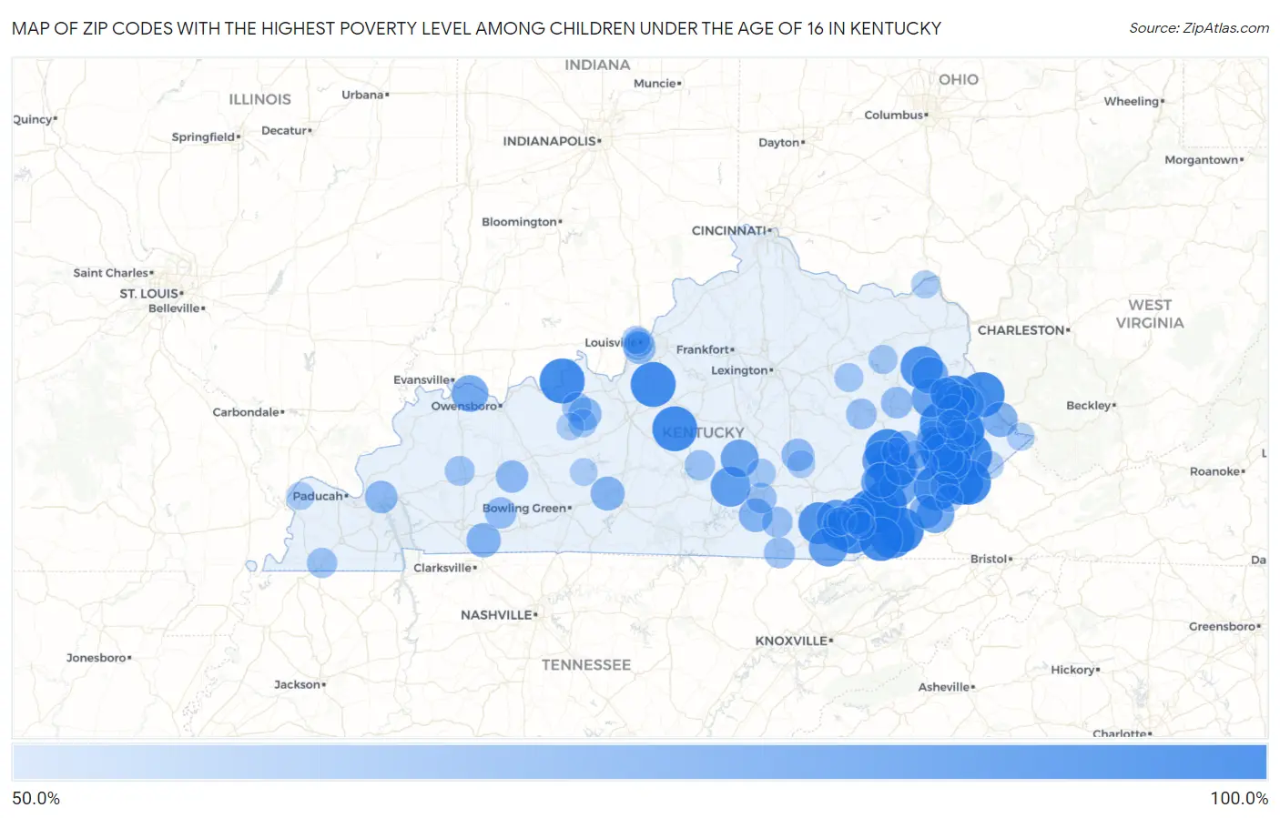 Zip Codes with the Highest Poverty Level Among Children Under the Age of 16 in Kentucky Map