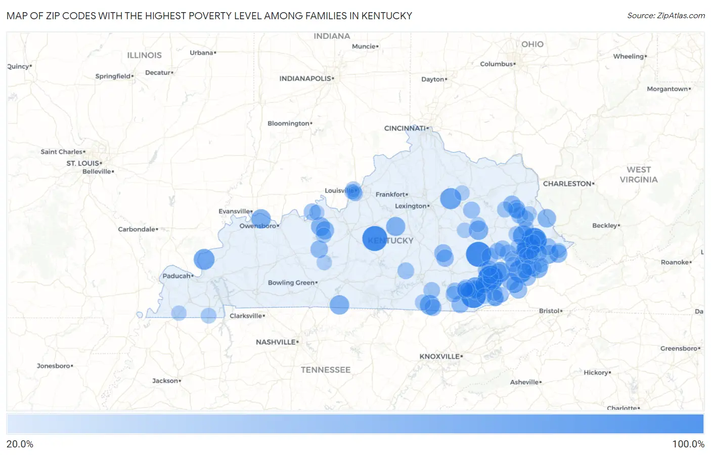 Zip Codes with the Highest Poverty Level Among Families in Kentucky Map