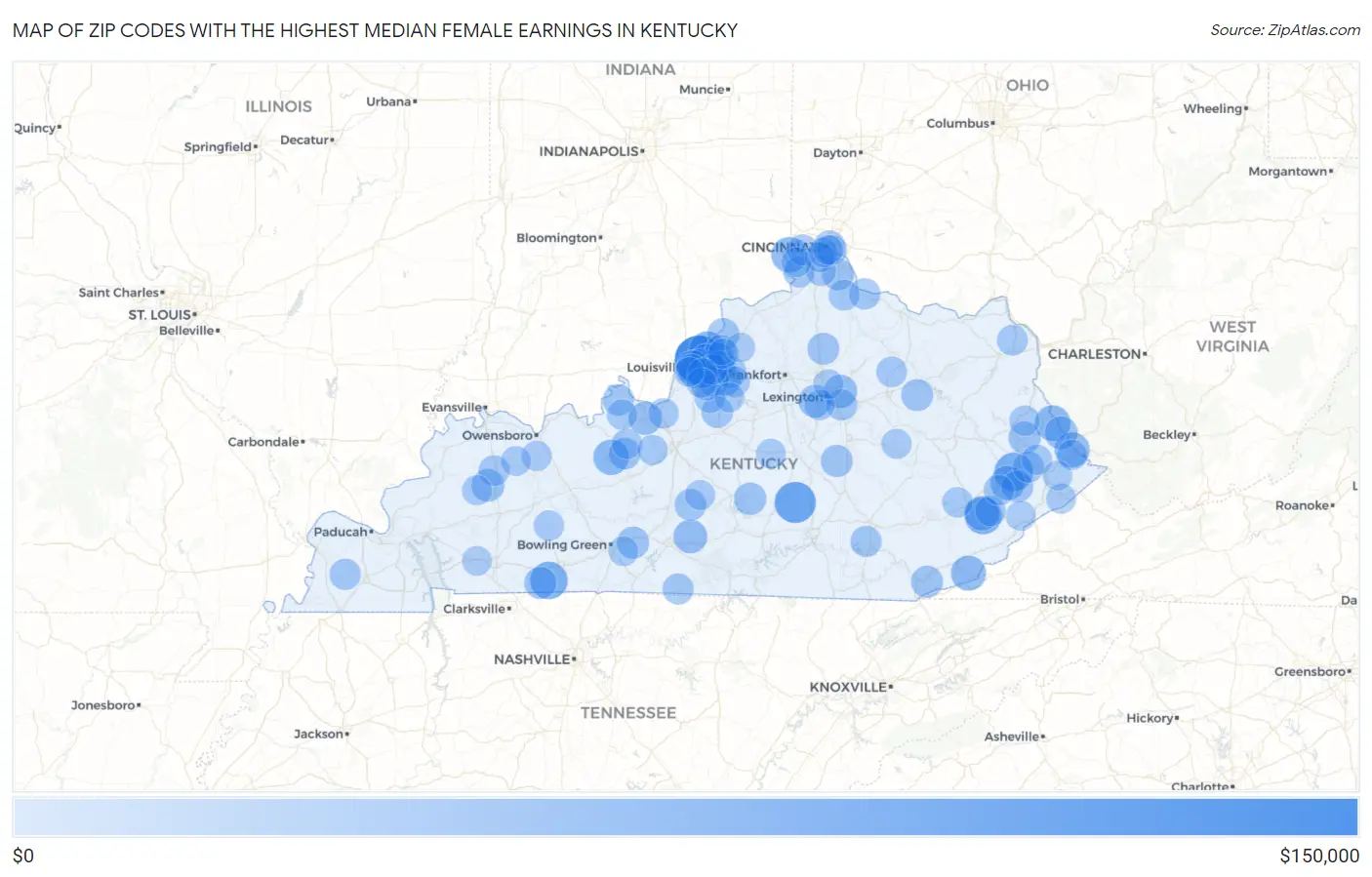 Zip Codes with the Highest Median Female Earnings in Kentucky Map