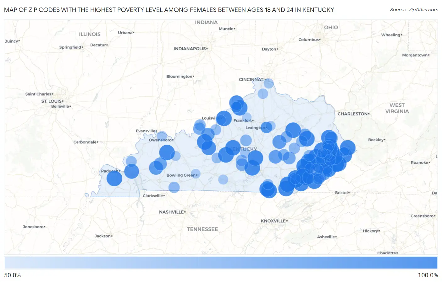 Zip Codes with the Highest Poverty Level Among Females Between Ages 18 and 24 in Kentucky Map