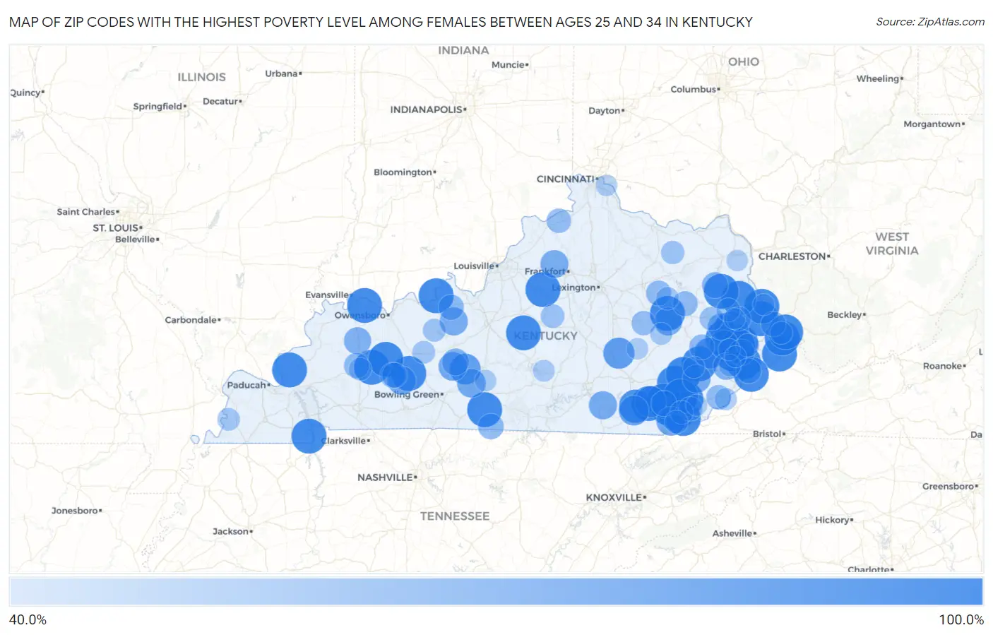 Zip Codes with the Highest Poverty Level Among Females Between Ages 25 and 34 in Kentucky Map