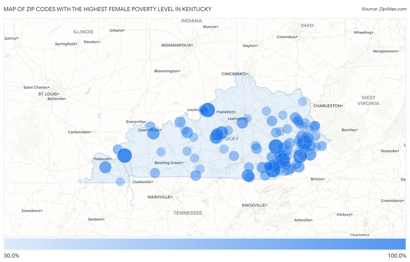 Zip Codes with the Highest Female Poverty Level in Kentucky Map