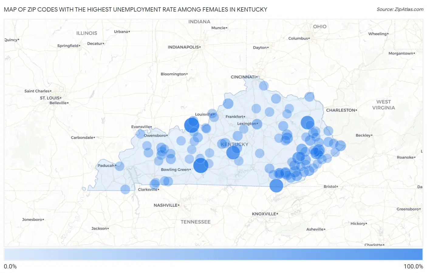 Zip Codes with the Highest Unemployment Rate Among Females in Kentucky Map