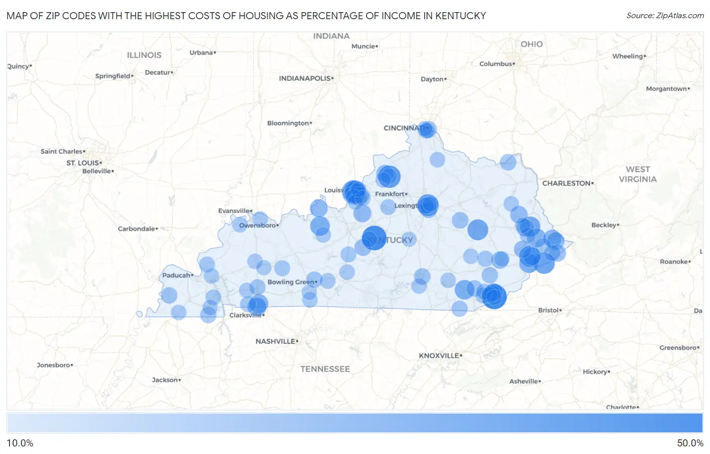 Zip Codes with the Highest Costs of Housing as Percentage of Income in Kentucky Map