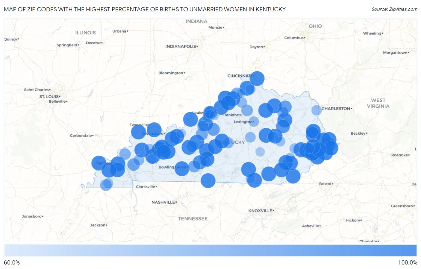 Zip Codes with the Highest Percentage of Births to Unmarried Women in Kentucky Map
