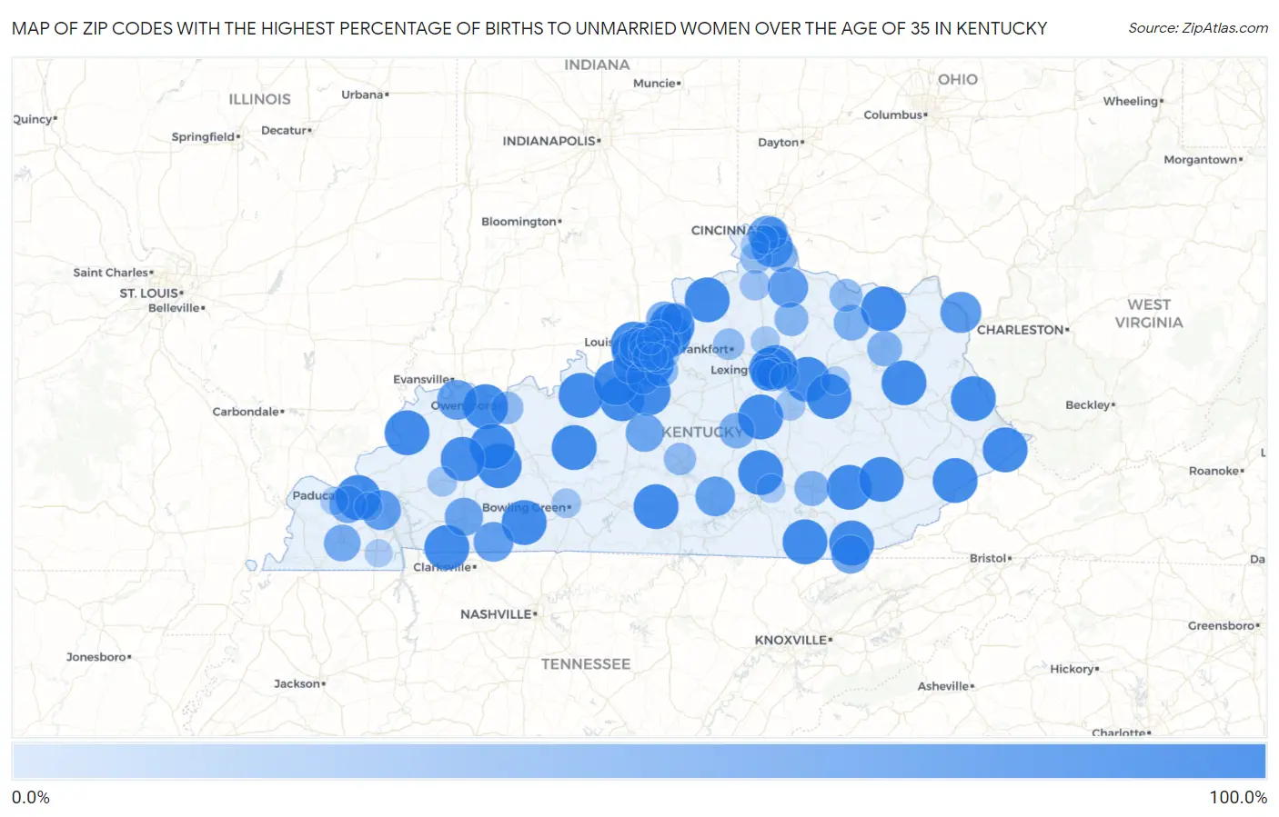 Zip Codes with the Highest Percentage of Births to Unmarried Women over the Age of 35 in Kentucky Map