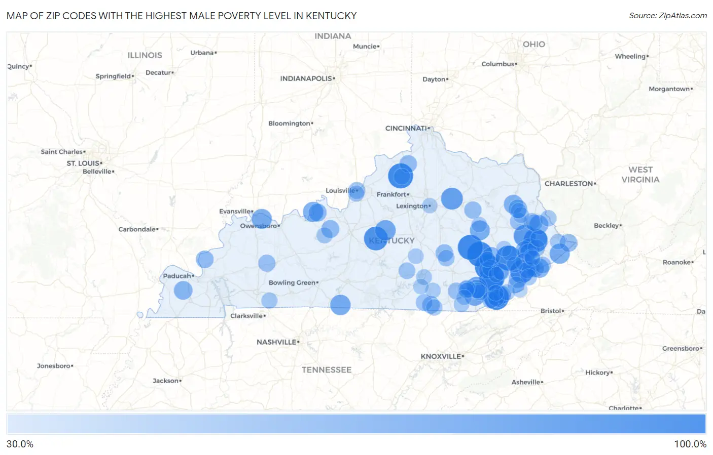 Zip Codes with the Highest Male Poverty Level in Kentucky Map