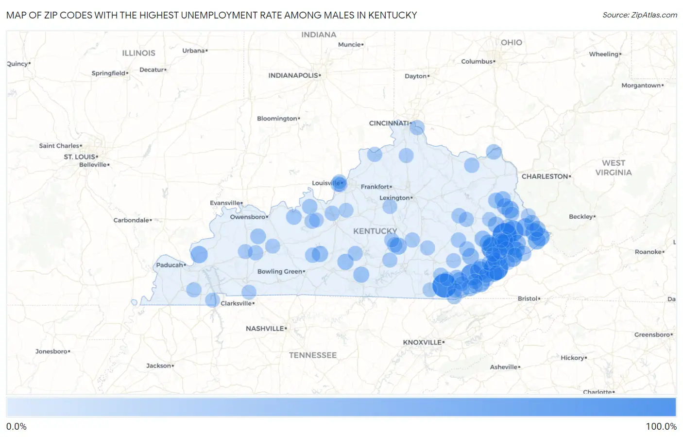 Zip Codes with the Highest Unemployment Rate Among Males in Kentucky Map