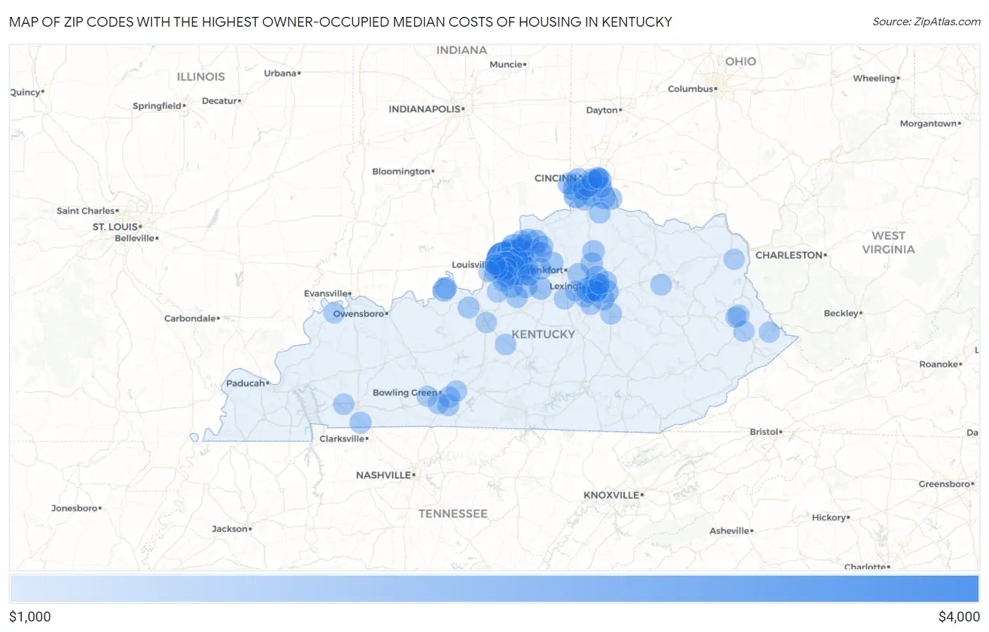 Zip Codes with the Highest Owner-Occupied Median Costs of Housing in Kentucky Map