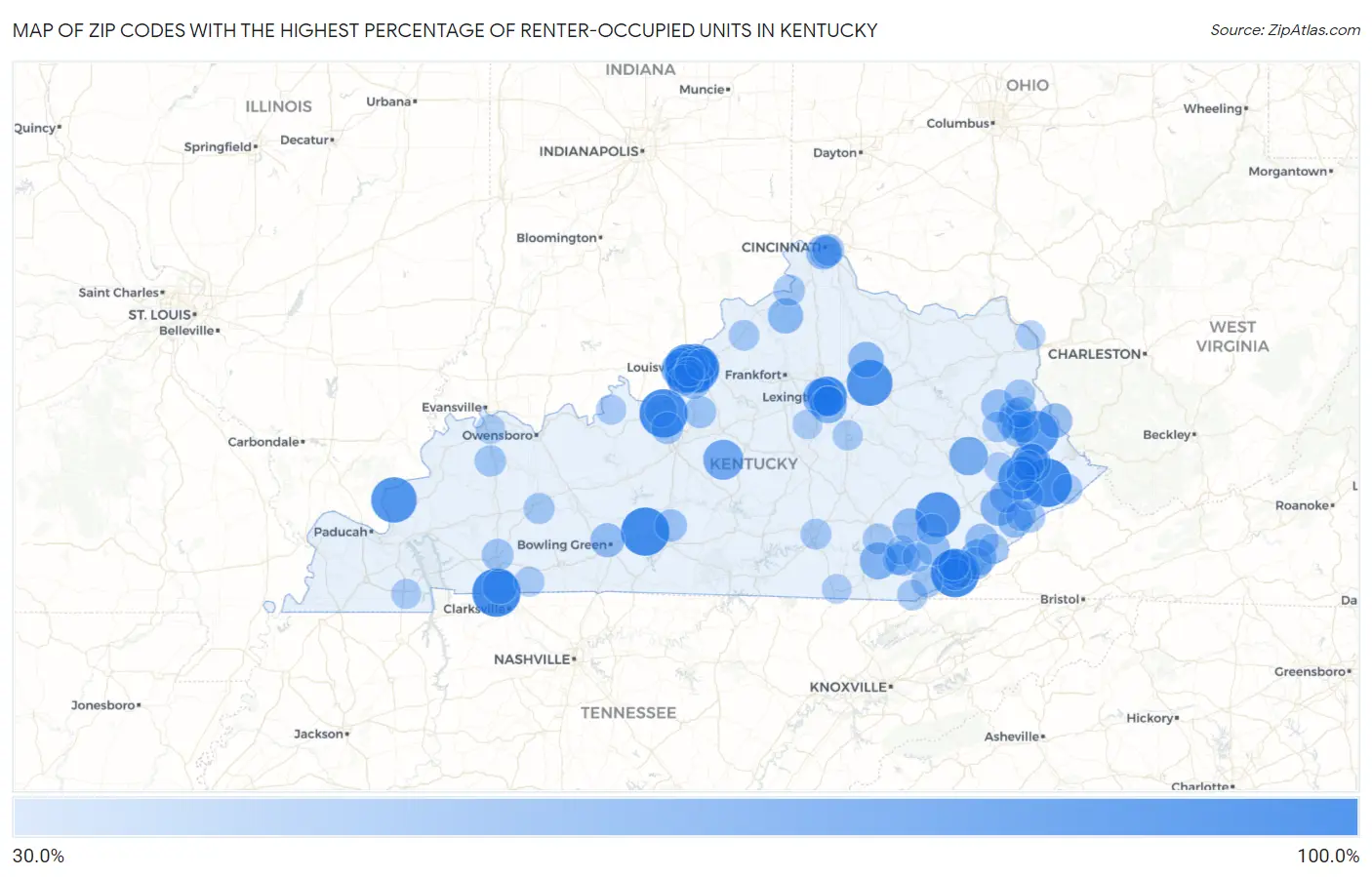 Zip Codes with the Highest Percentage of Renter-Occupied Units in Kentucky Map