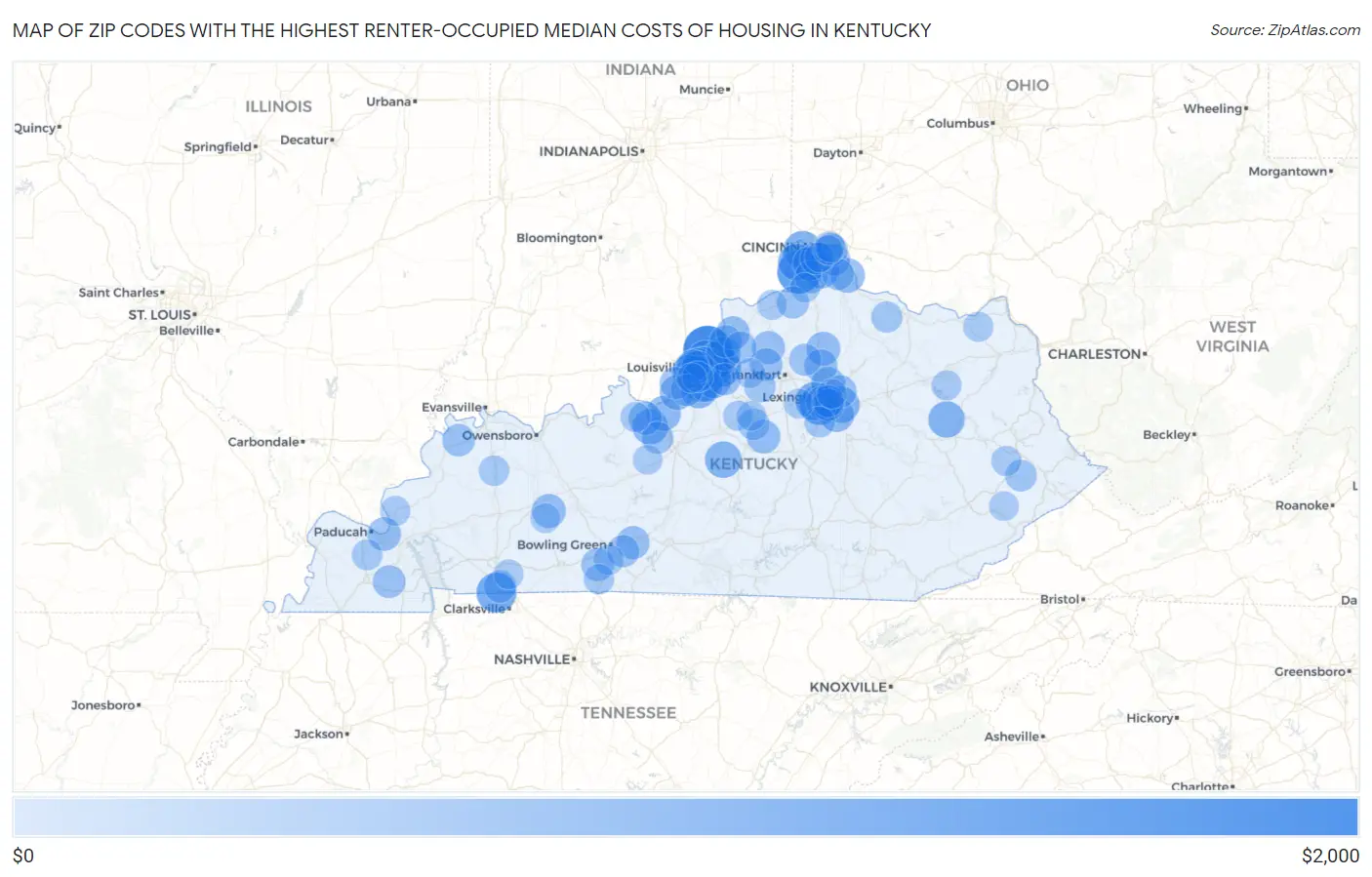 Zip Codes with the Highest Renter-Occupied Median Costs of Housing in Kentucky Map