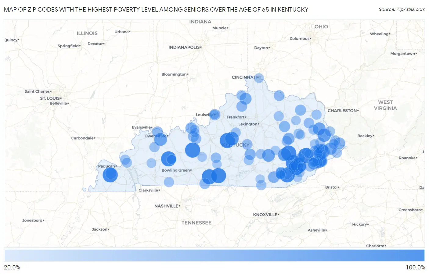Zip Codes with the Highest Poverty Level Among Seniors Over the Age of 65 in Kentucky Map