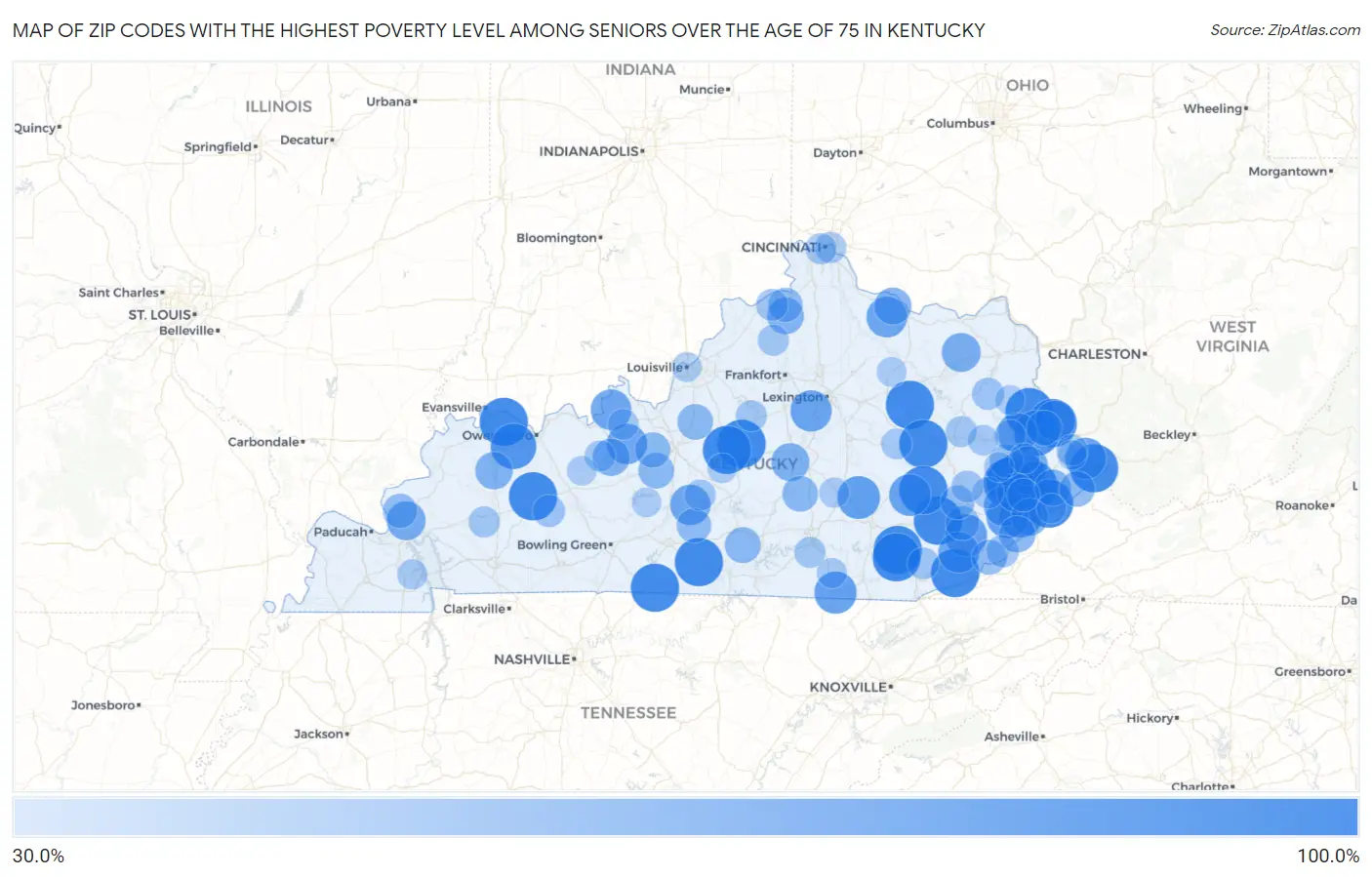 Zip Codes with the Highest Poverty Level Among Seniors Over the Age of 75 in Kentucky Map