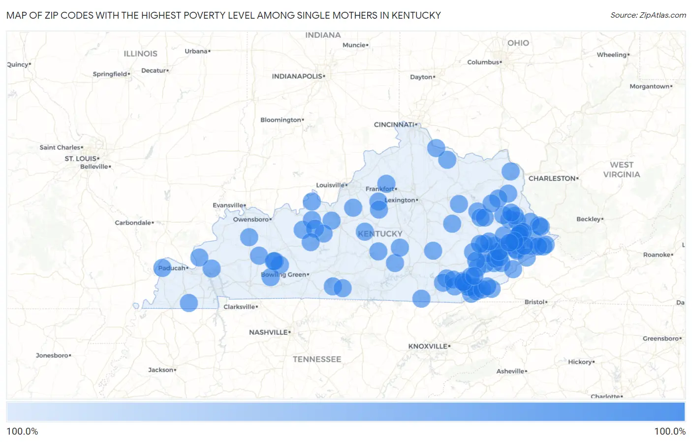 Zip Codes with the Highest Poverty Level Among Single Mothers in Kentucky Map