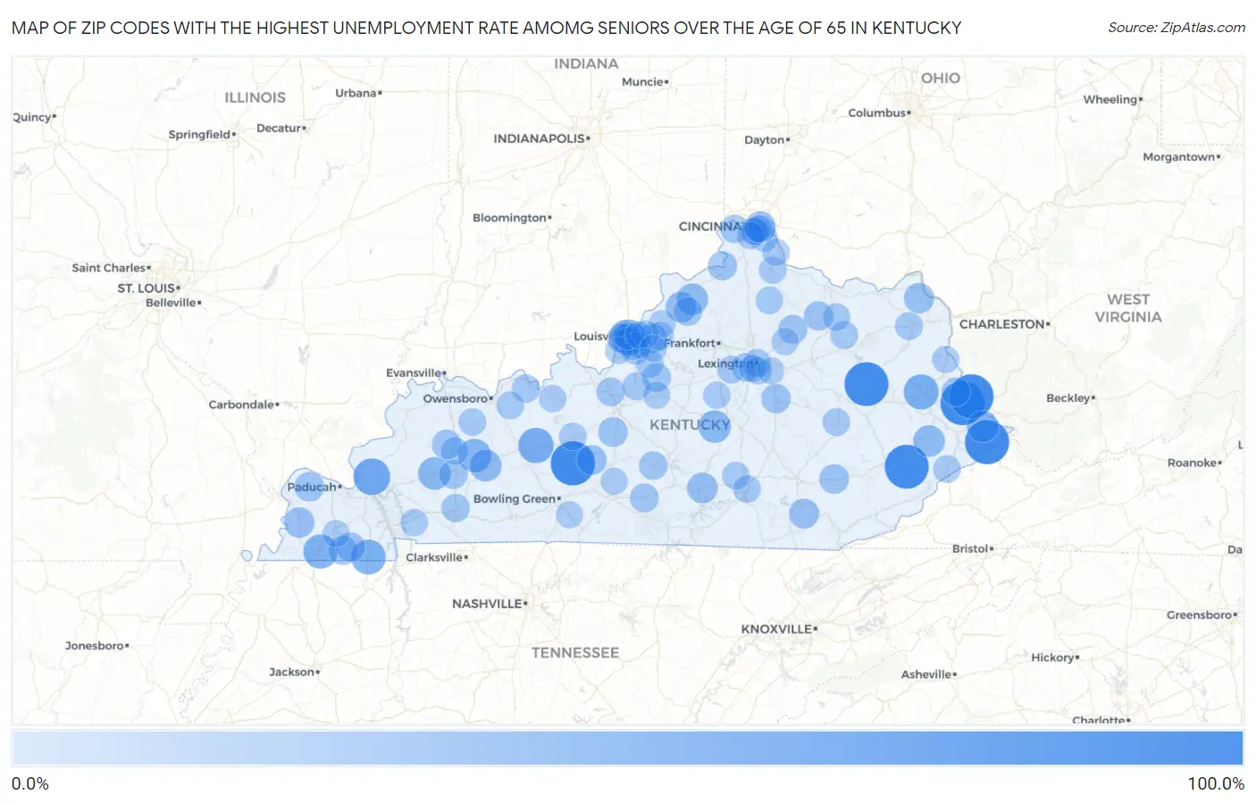 Zip Codes with the Highest Unemployment Rate Amomg Seniors Over the Age of 65 in Kentucky Map