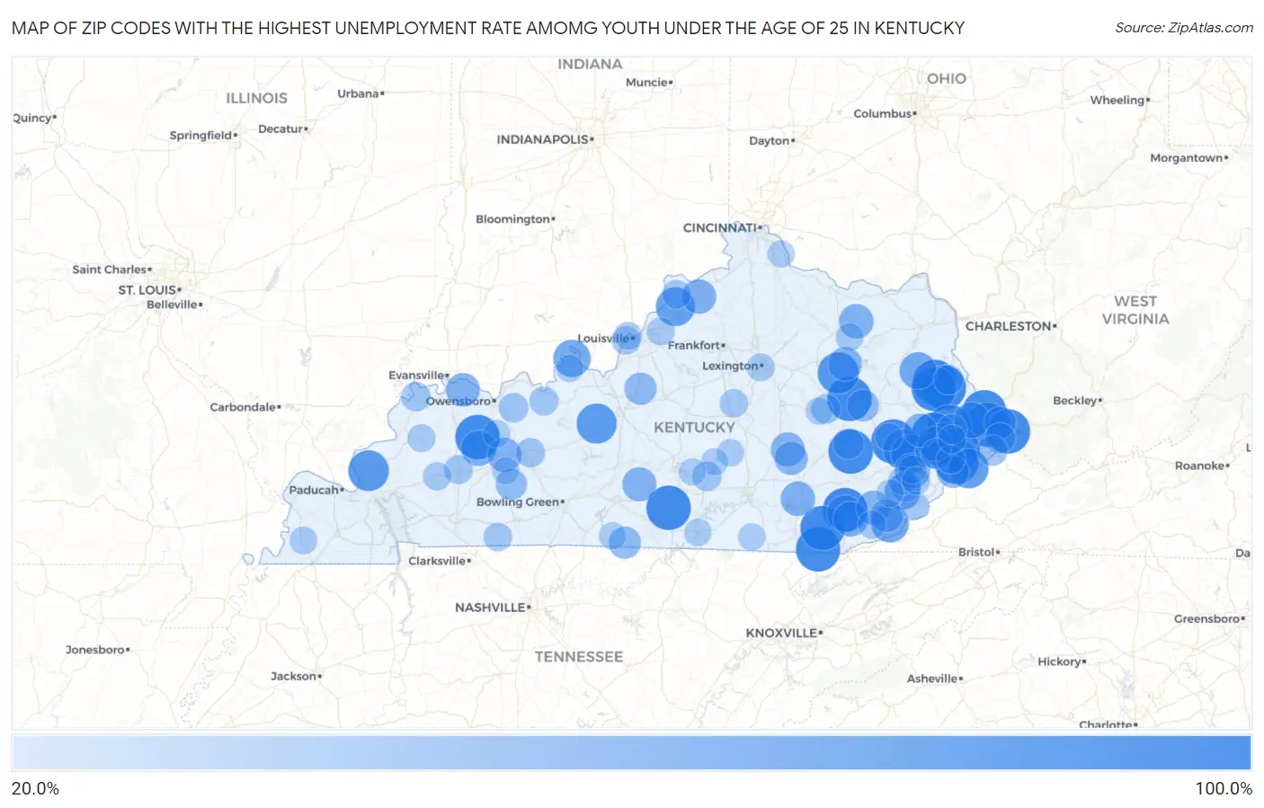 Zip Codes with the Highest Unemployment Rate Amomg Youth Under the Age of 25 in Kentucky Map