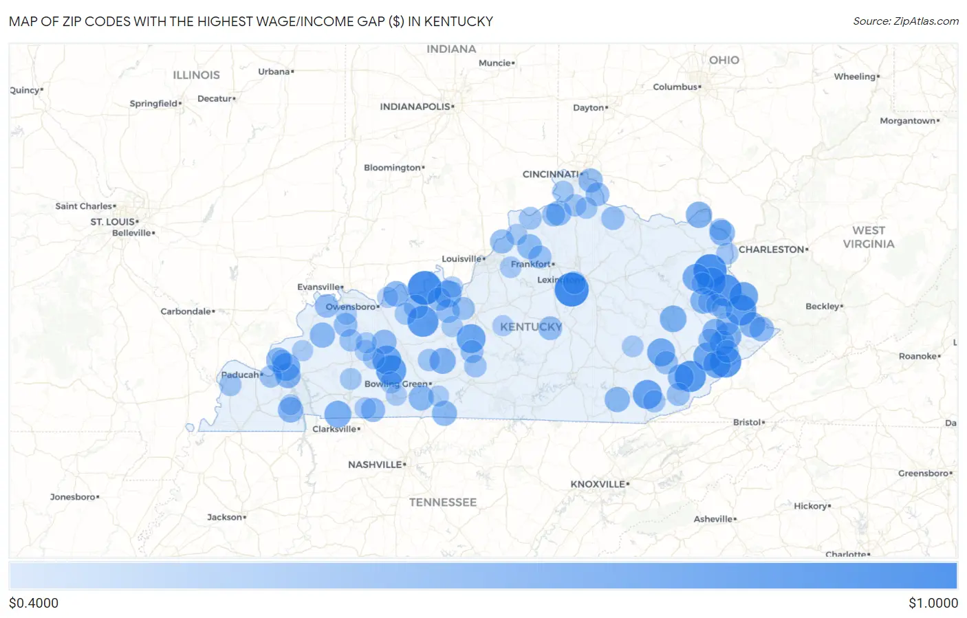 Zip Codes with the Highest Wage/Income Gap ($) in Kentucky Map