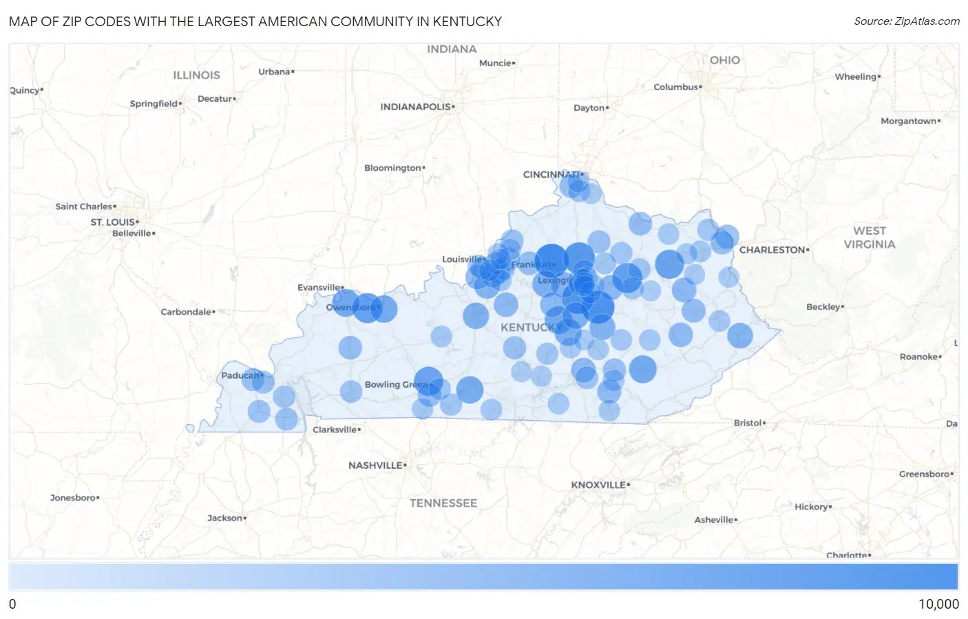 Zip Codes with the Largest American Community in Kentucky Map