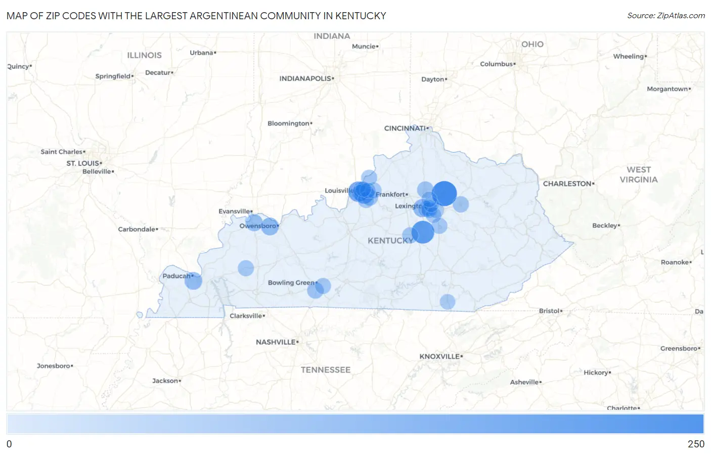 Zip Codes with the Largest Argentinean Community in Kentucky Map