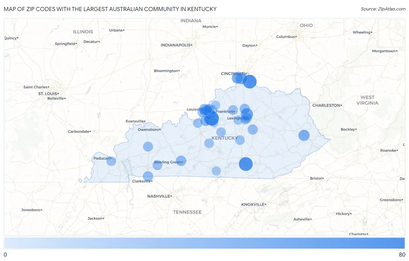 Zip Codes with the Largest Australian Community in Kentucky Map