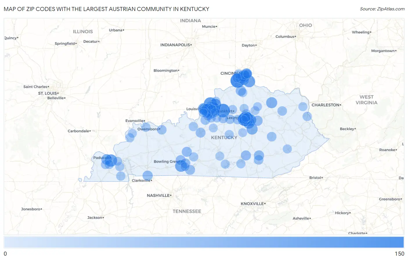 Zip Codes with the Largest Austrian Community in Kentucky Map