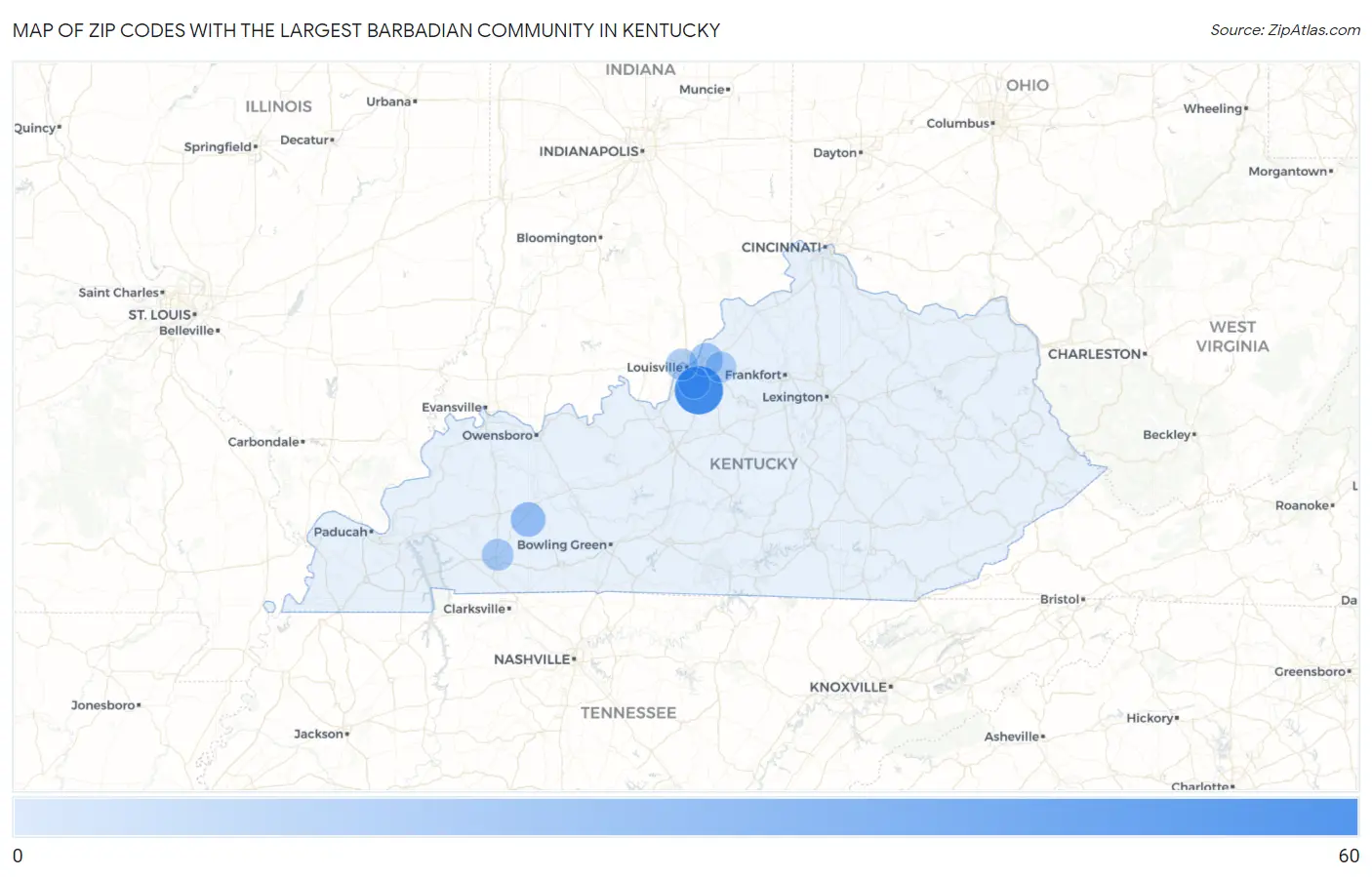 Zip Codes with the Largest Barbadian Community in Kentucky Map