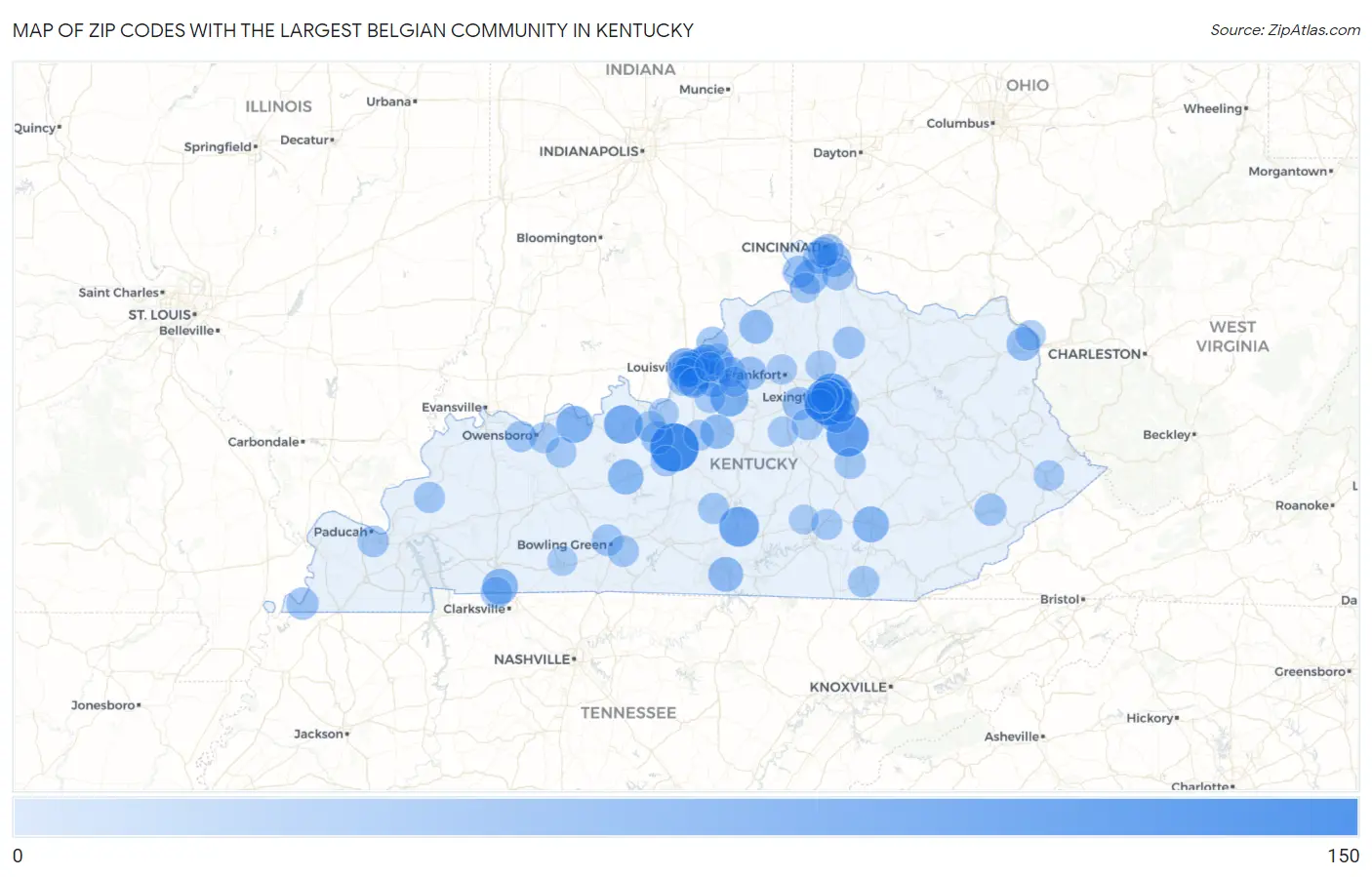Zip Codes with the Largest Belgian Community in Kentucky Map