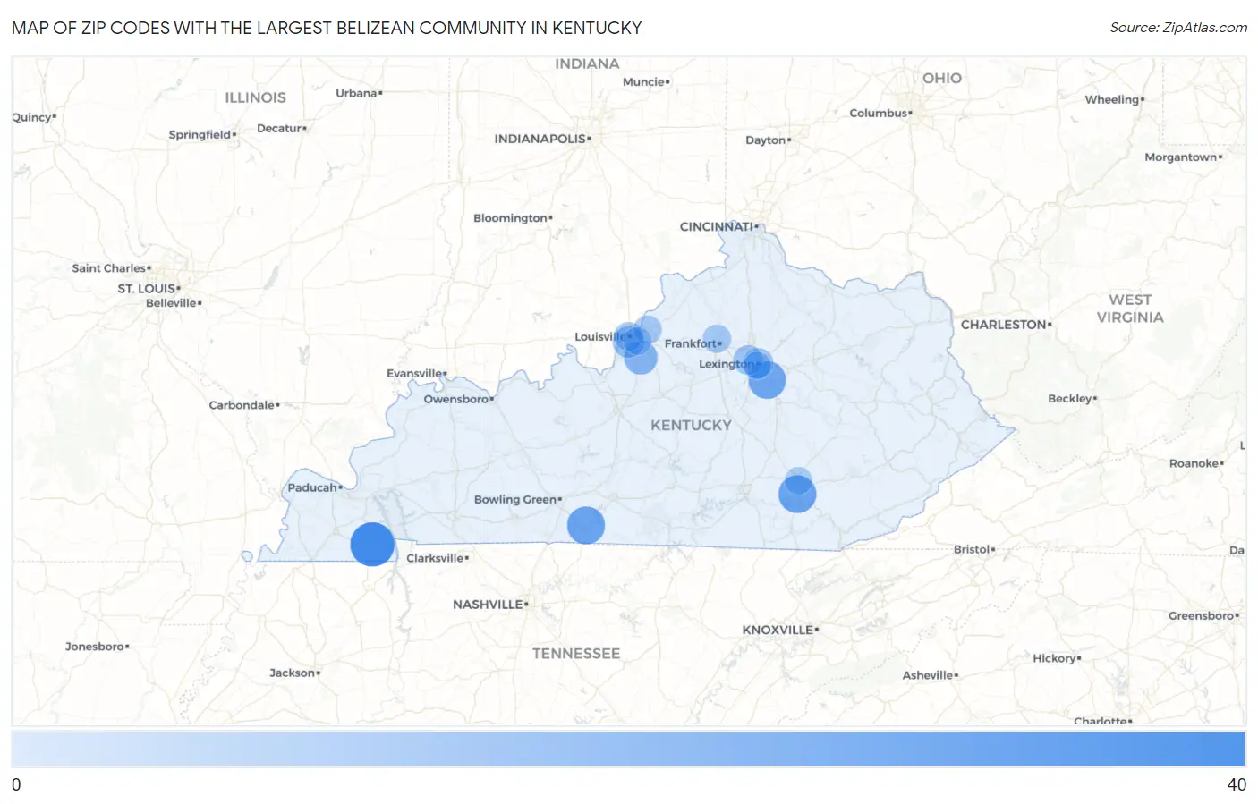 Zip Codes with the Largest Belizean Community in Kentucky Map